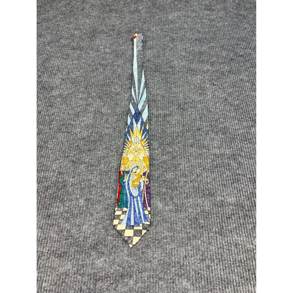 St. Nicks Tie Shop Mens Stained Glass Nativity Scene Christmas Silk Necktie Blue